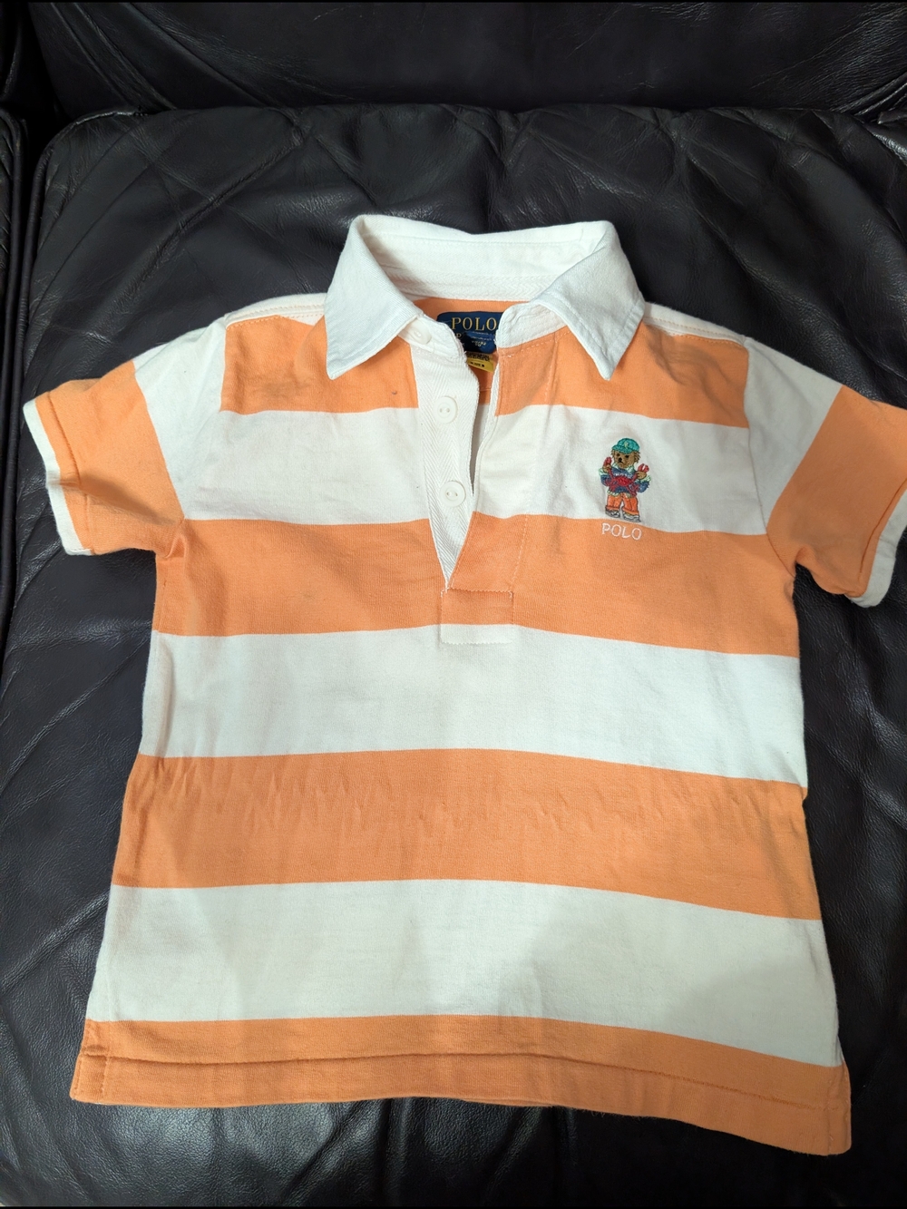 Polo by Ralph Lauren Peach & White Striped Kids Polo with Embroidered Bear